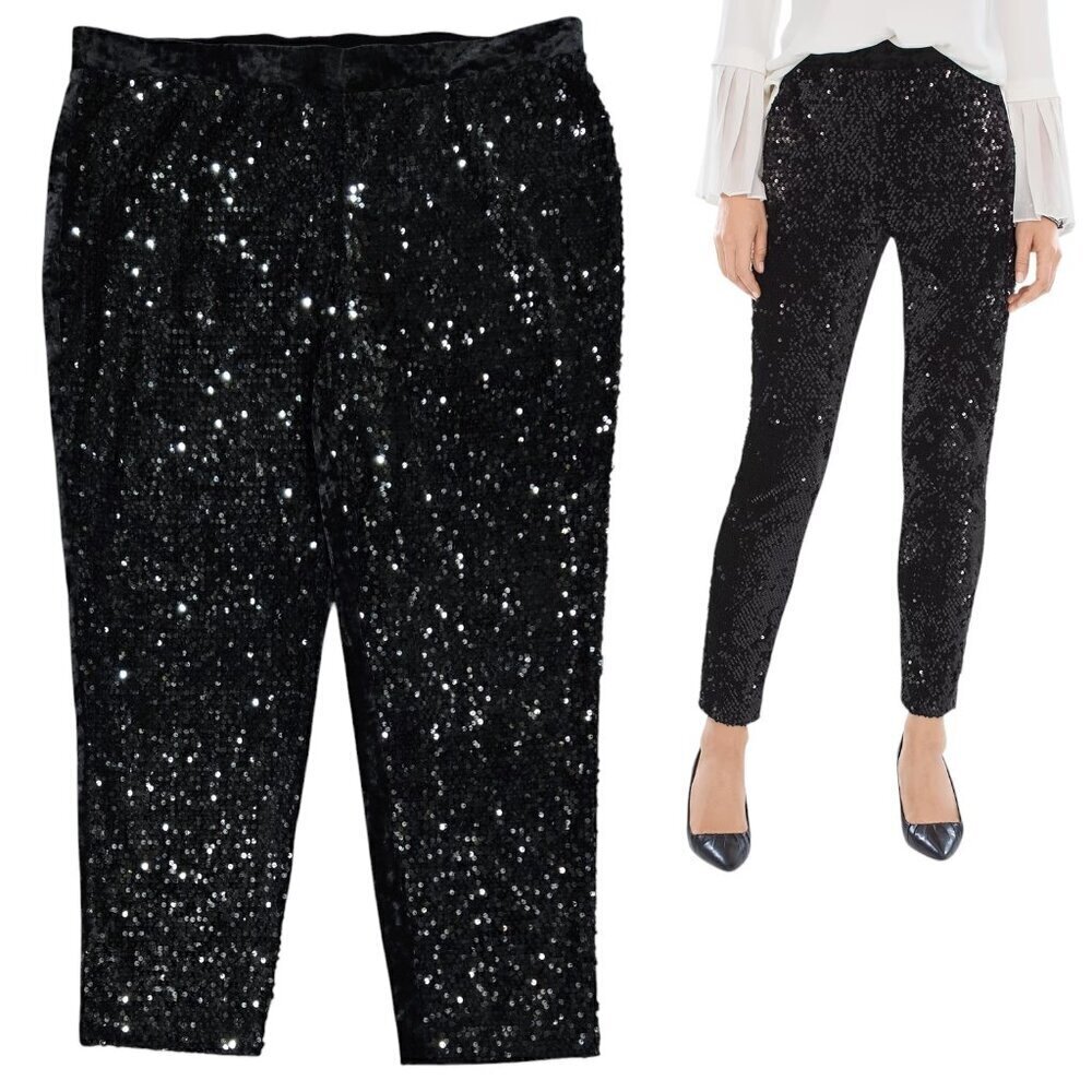 Chico's Black Sequin Velvet Mixed Media Pull On Ankle Pants Evening Party